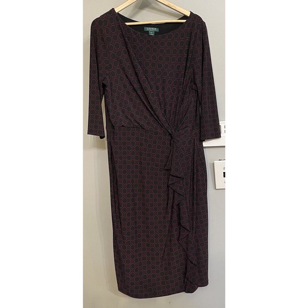 Lauren Ralph Lauren Dress Geometric Print Knot Ruffle Ruched Womens 14W‎